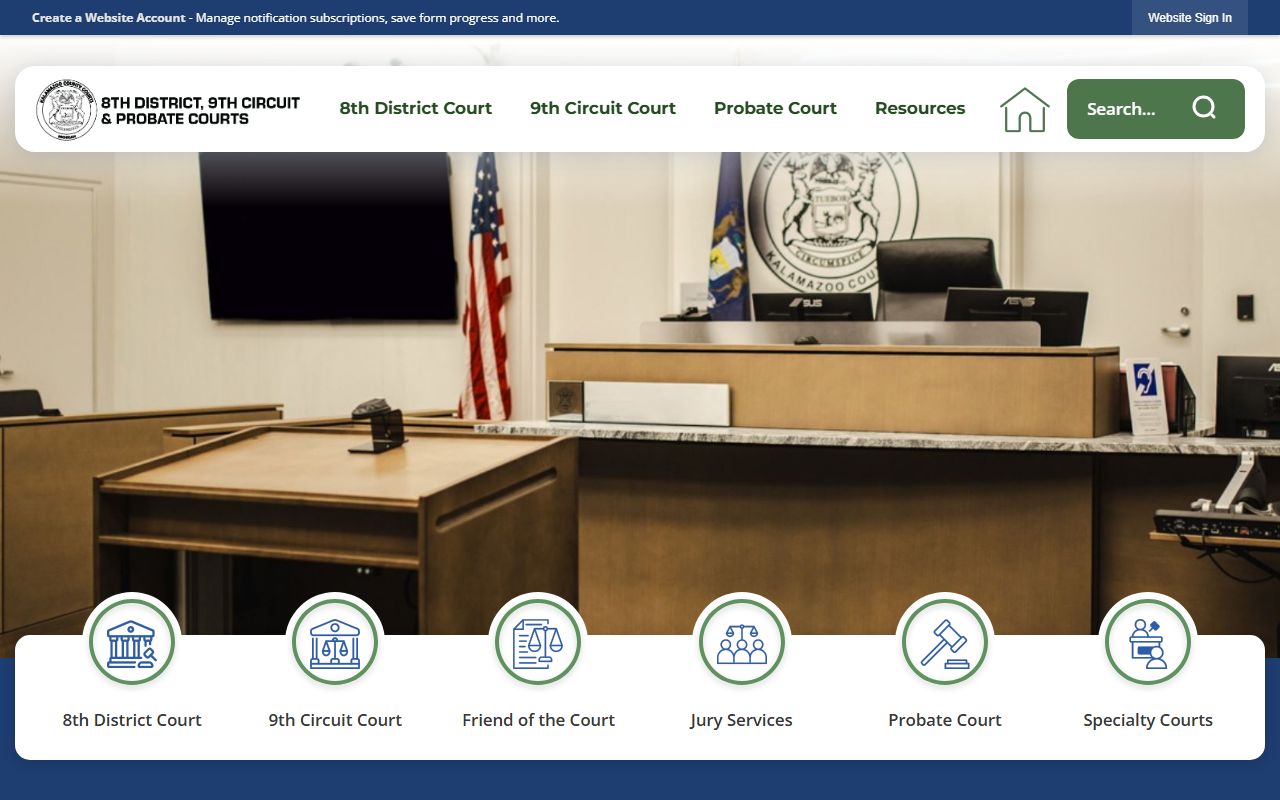 Kalamazoo County Courts landing page with links to District, Circuit, and Probate court records