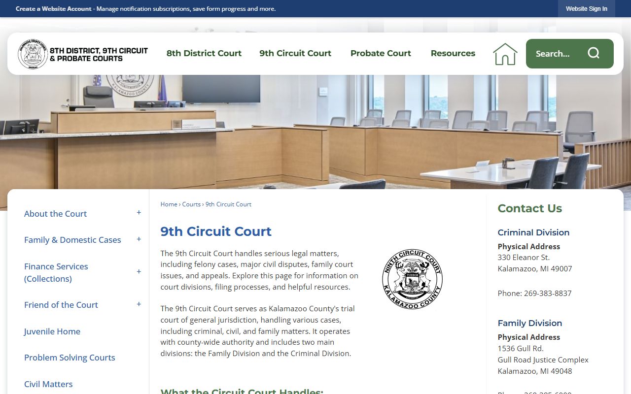 9th Circuit Court official page on the Kalamazoo County website with links to forms and resources