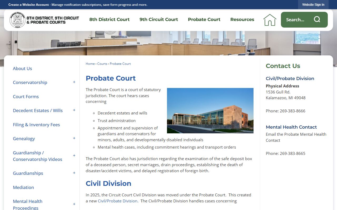 Kalamazoo County Probate Court official page and navigation for estates and guardianships