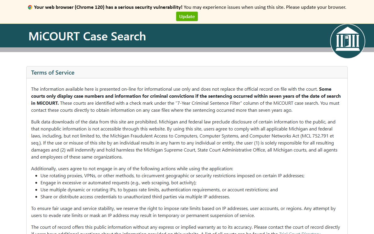 MiCOURT Case Search front page used to look up Kalamazoo County court dockets