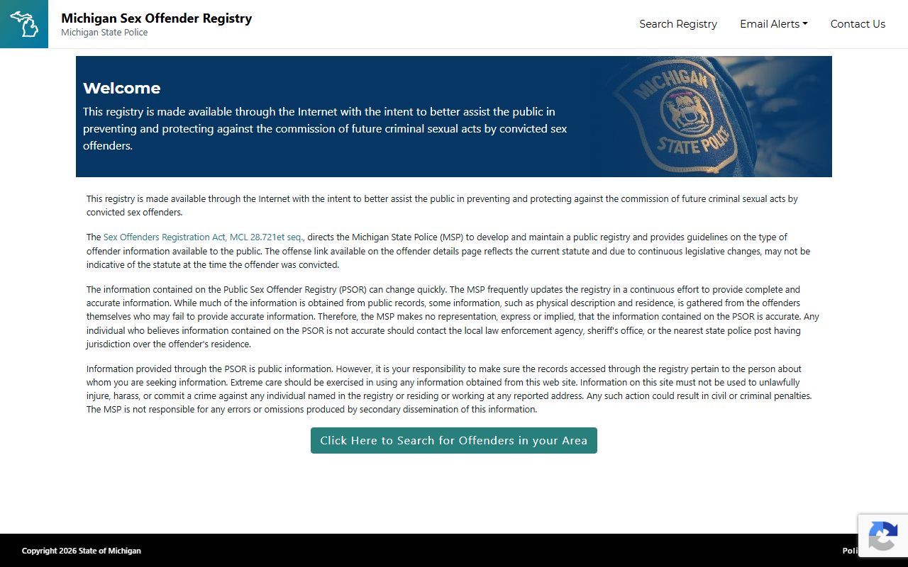 Michigan Public Sex Offender Registry search page