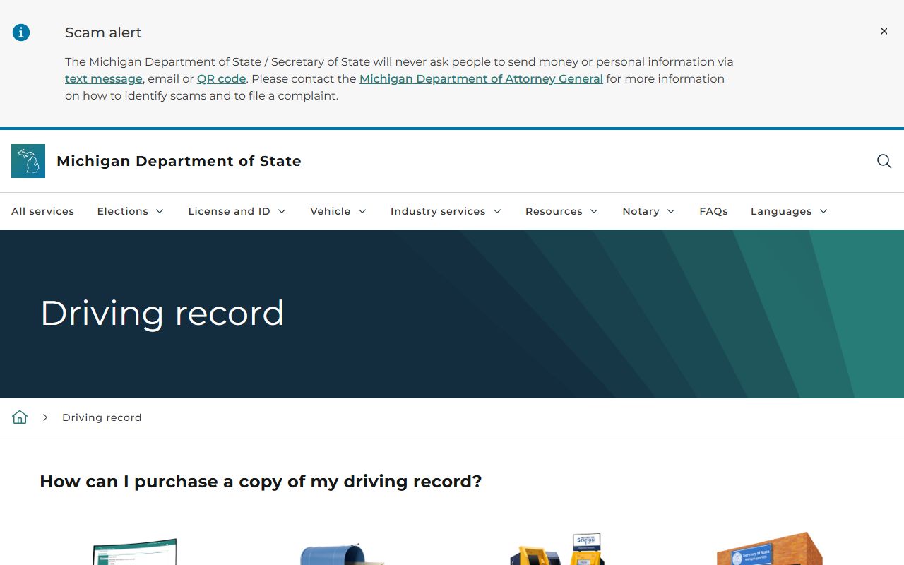 Michigan Secretary of State driving record request page for state driver history