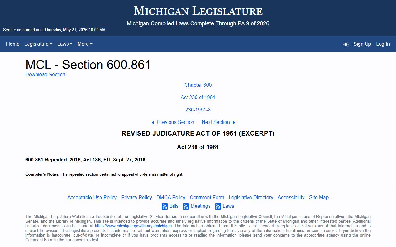 Michigan Legislature page for MCL 600.861 probate court jurisdiction statute