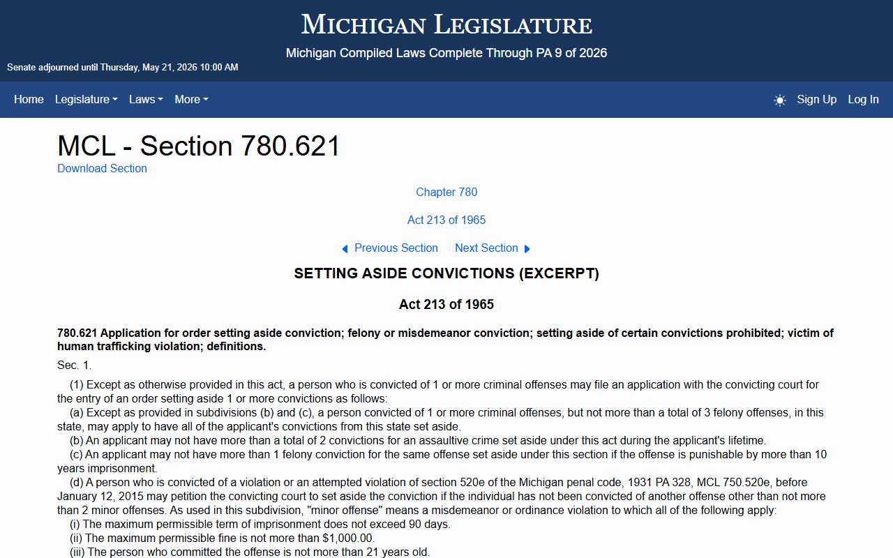 Michigan legislature page for MCL 780.621 set-aside statute
