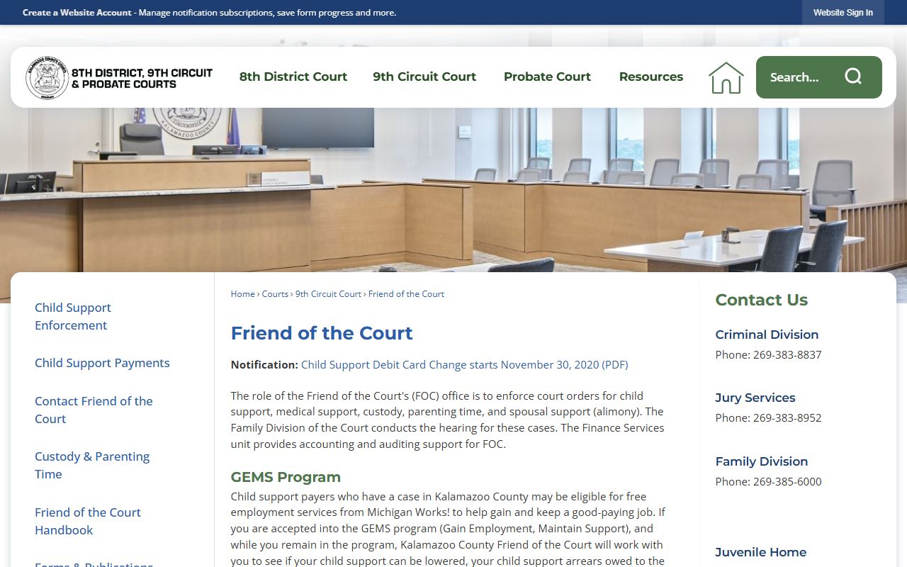 Kalamazoo County Friend of the Court page with family support and parenting-time services