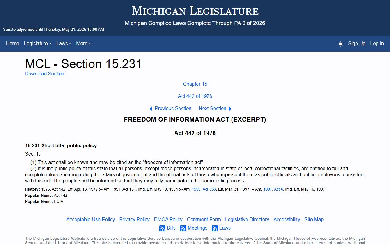 Michigan FOIA declaration of public policy MCL 15.231 on the legislature site