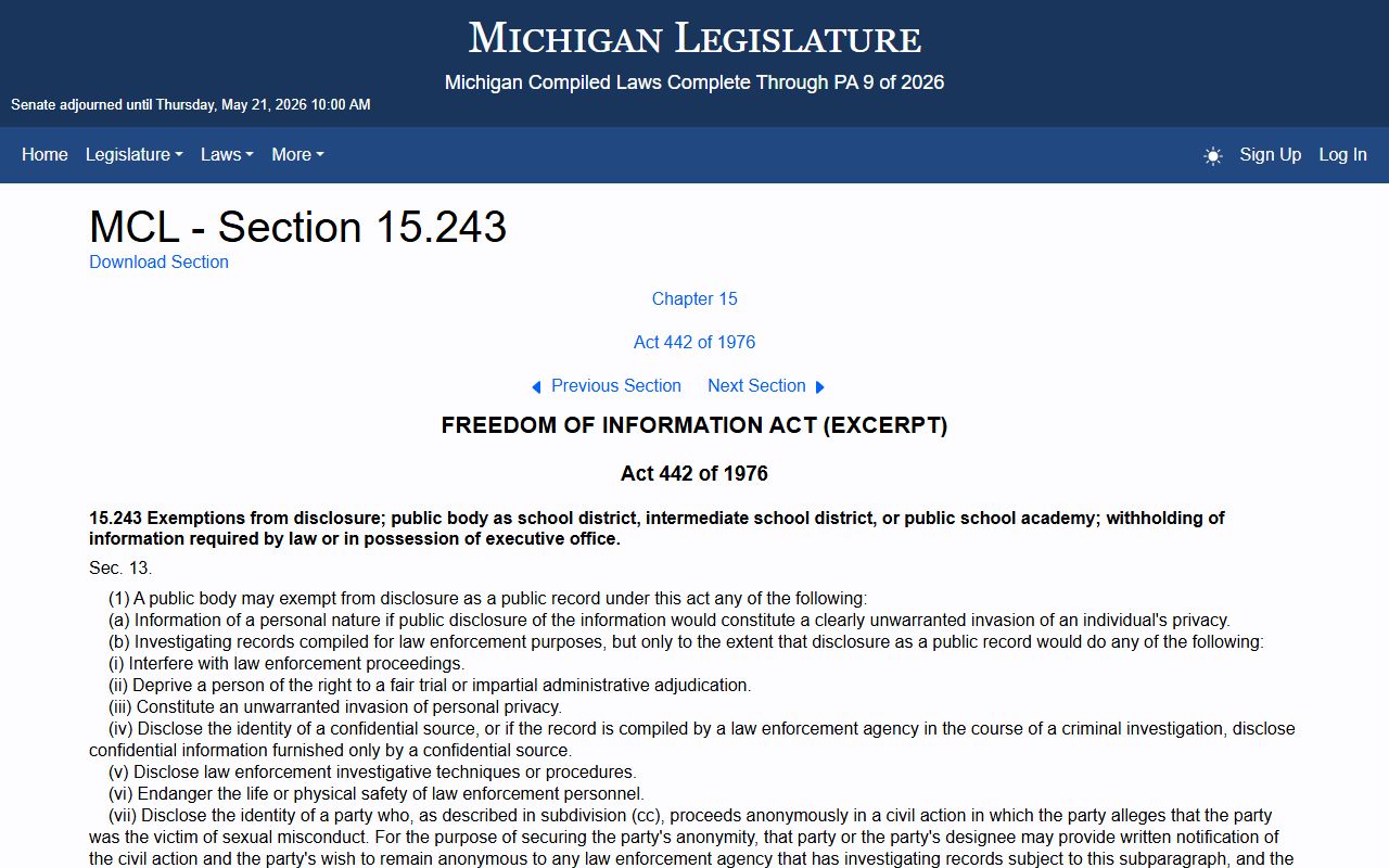 Michigan FOIA exemption statute MCL 15.243 on the legislature site