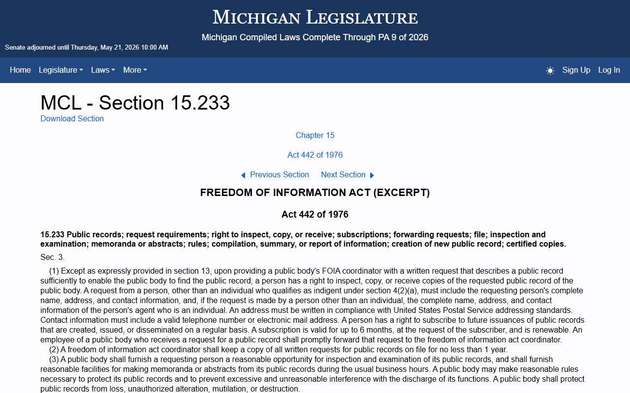 Michigan FOIA inspection and copying statute that supports Kalamazoo County court records and county administrative records access