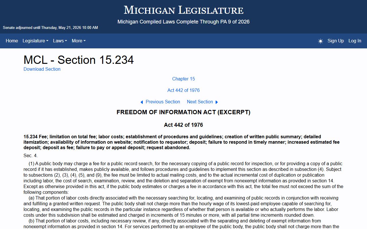 Michigan FOIA fee statute MCL 15.234 on the legislature site