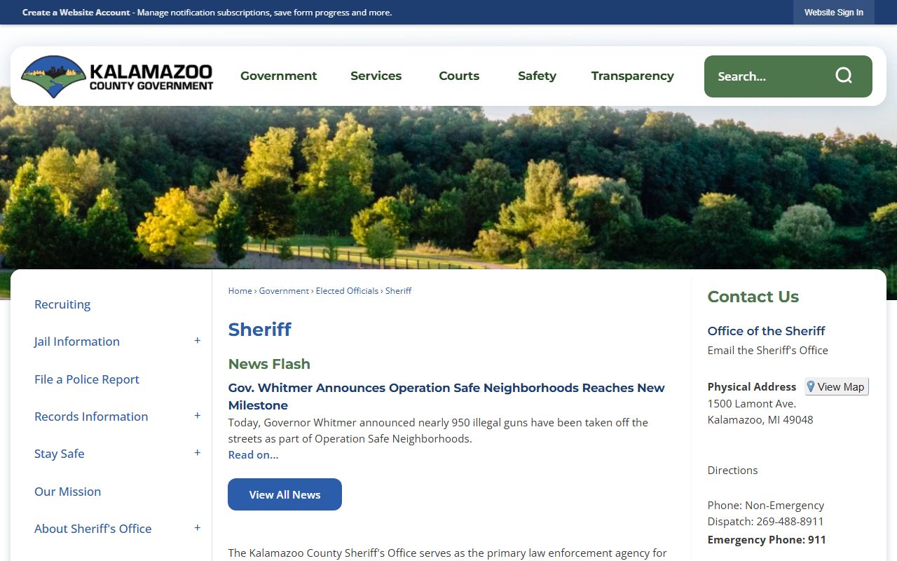 Kalamazoo County Sheriff main page linking jail operations and inmate inquiry