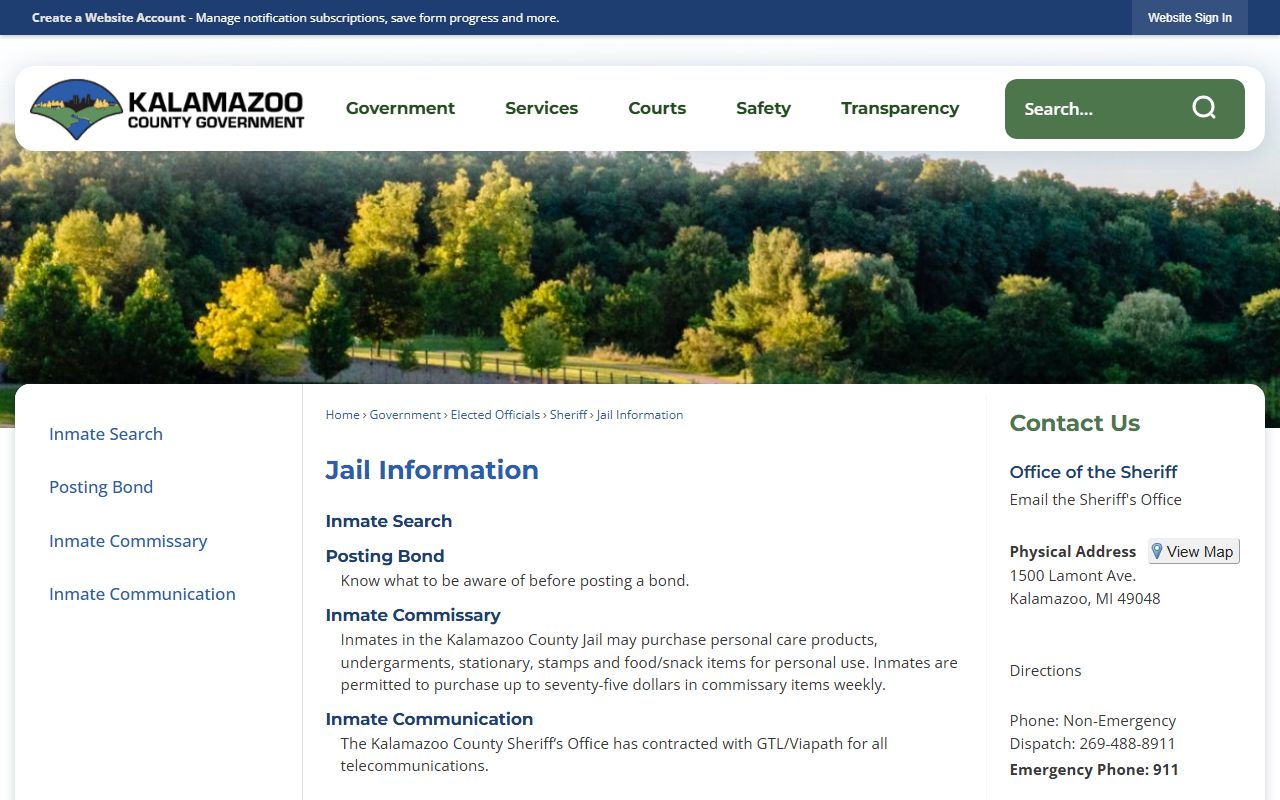 Kalamazoo County Sheriff jail information page for inmate visiting and contact rules