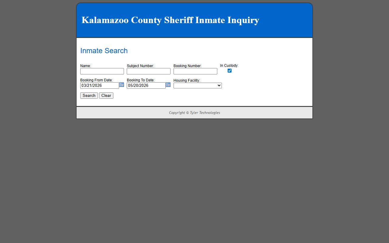 Kalamazoo County Sheriff Inmate Inquiry search portal with name, booking number, date range, and housing facility fields