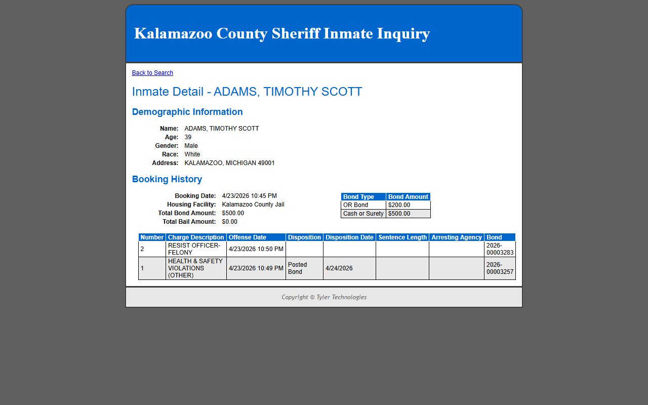 Sample Kalamazoo County Sheriff inmate detail page with booking charges and bond table