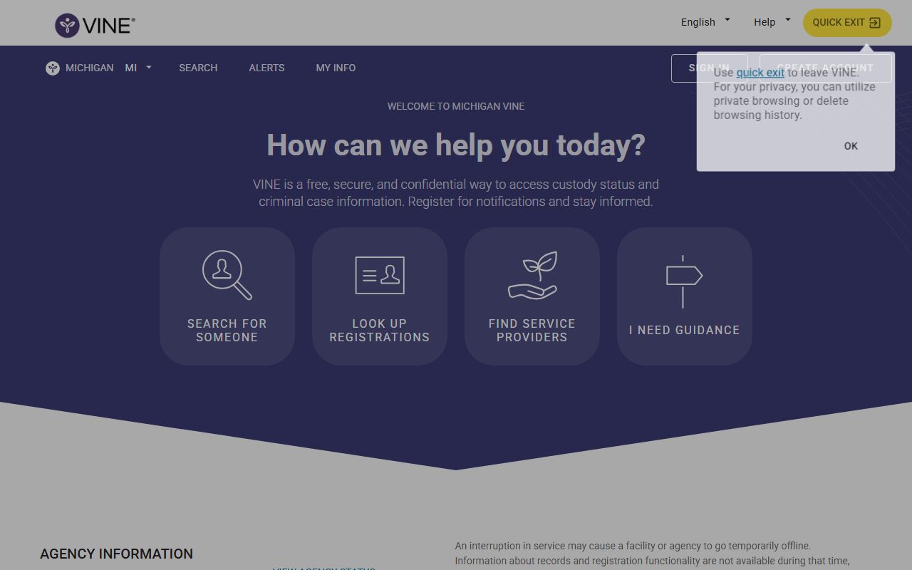 VINELink Michigan custody notification search and registration form
