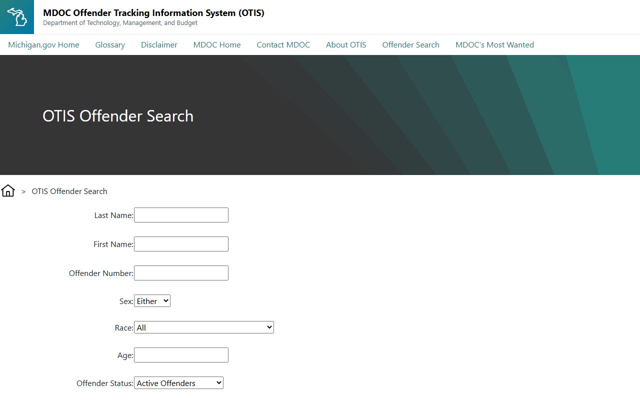 Michigan Department of Corrections OTIS search form with MDOC number, name, sex, race, and age fields
